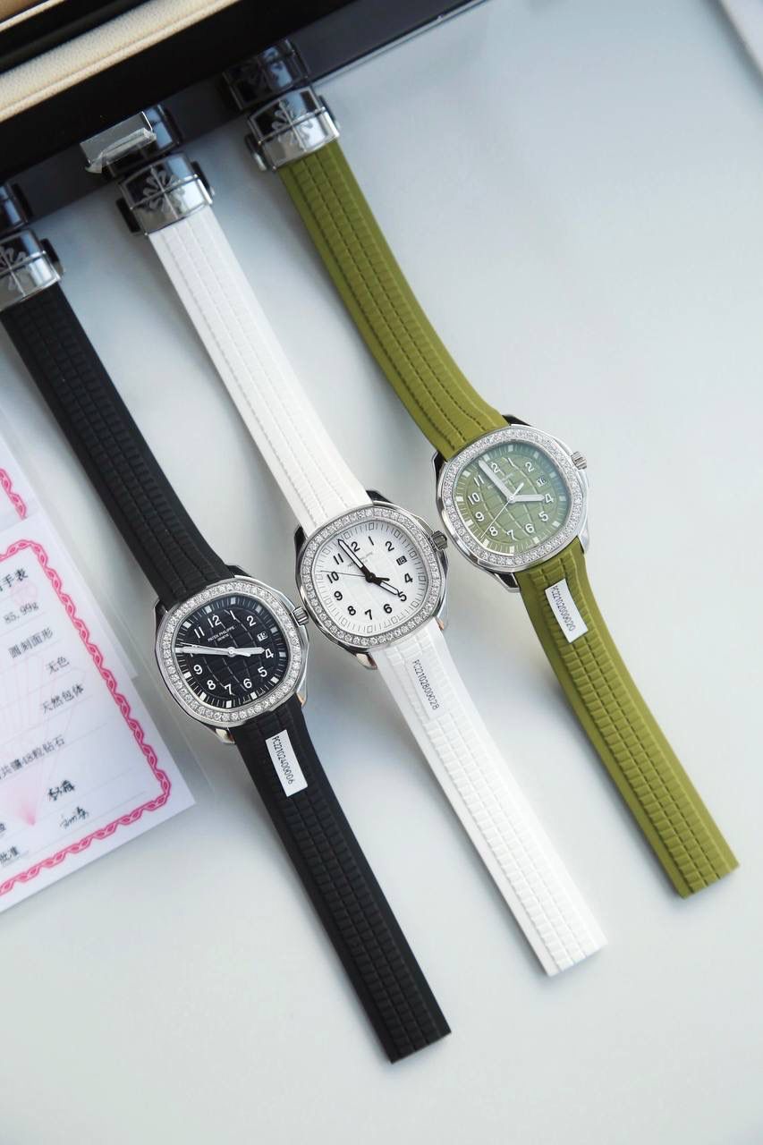 ✨独家首发 百达翡丽AQUANAUT女表旗舰款 专为女性打造，简约显精髓，大胆设计撞正统纯粹，辨识度拉满💃 ✅38mm黄金尺寸，进口精钢多道精磨，方圆个性造型，优雅大气一眼识PP ✅表盘镶48颗VS2.0真钻（约1.2克拉），附Gtc权威证书，可验可查保真💎 ✅原装瑞士石英机芯，100零部件打造，零返修零误差超靠谱⚙️ ✅浮雕表盘+立体字块，高级立体感拉满；蓝宝石水晶玻璃，防刮防反光 ✅进口热带复合橡胶表带，贴手舒适适配各种手腕，原装蝴蝶扣佩戴便捷