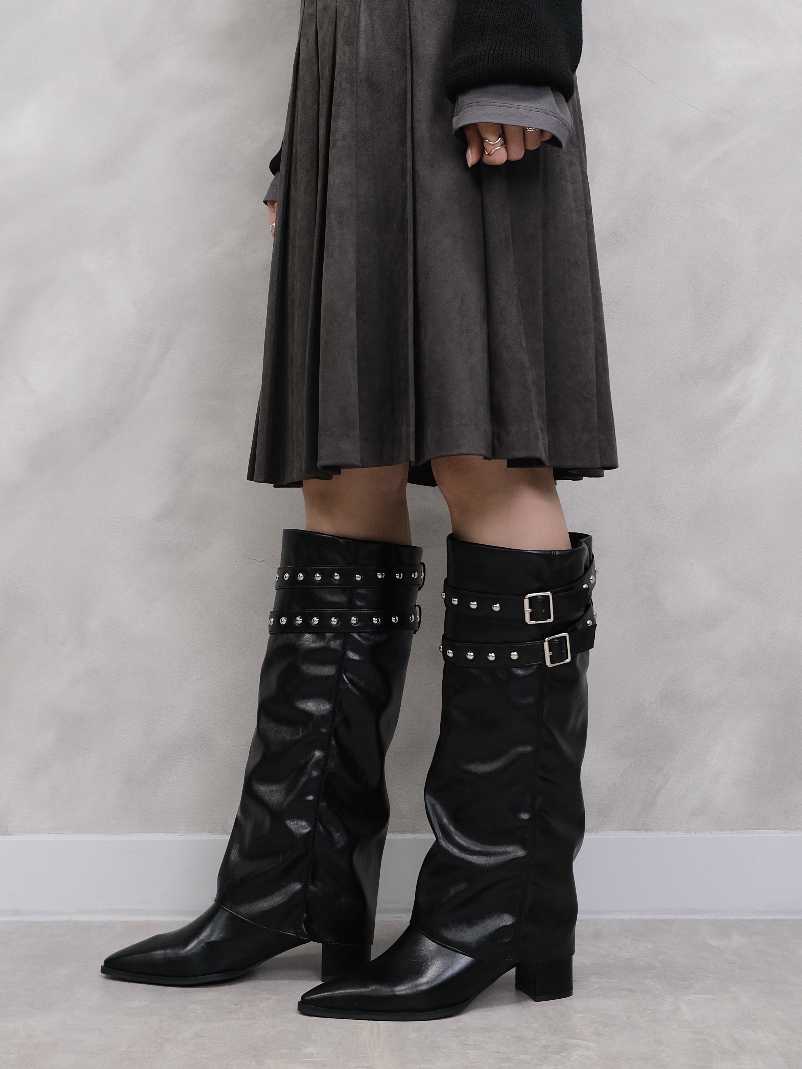 Pointed Studded Buckle Tall Boots