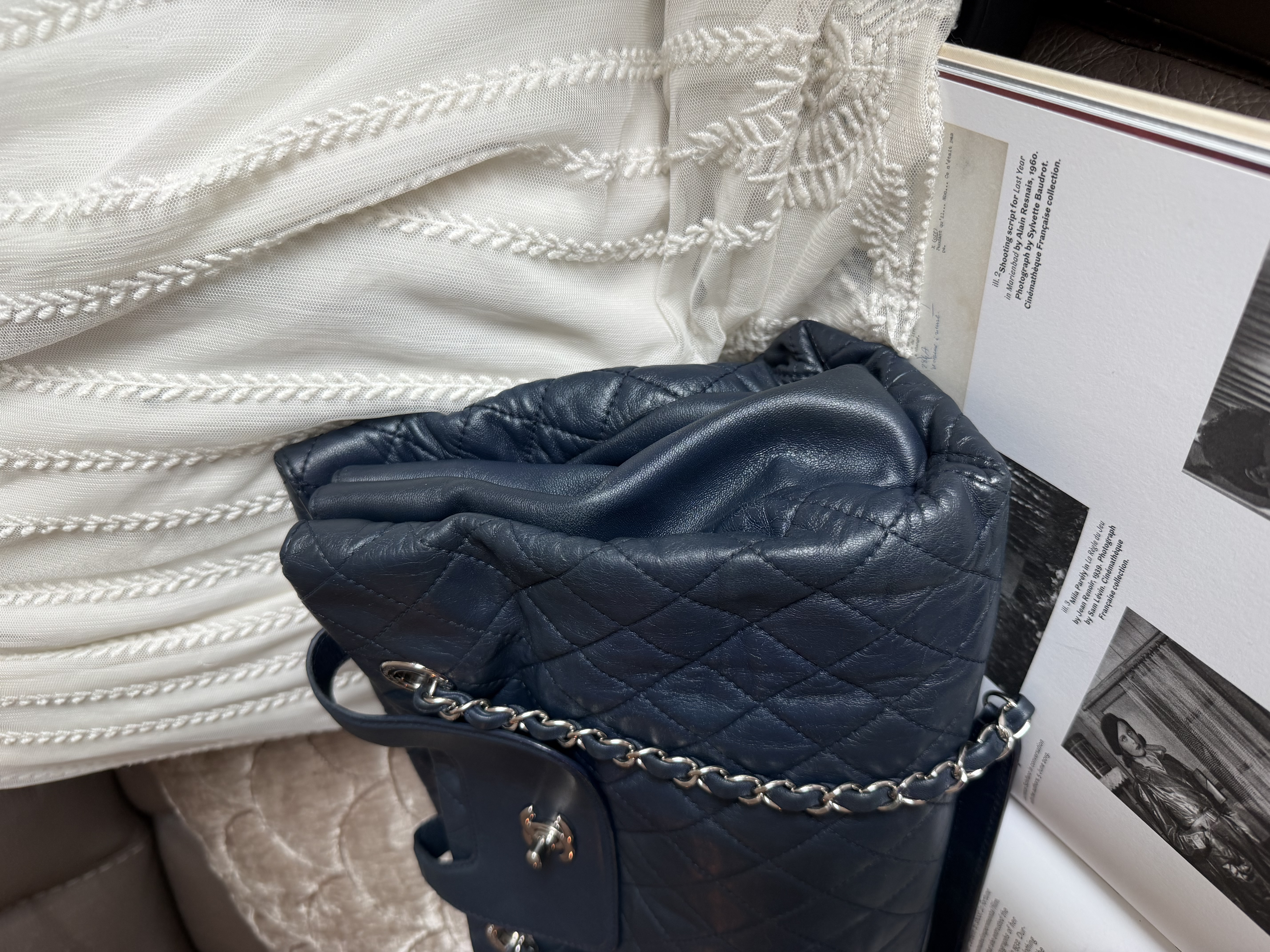 Chanel quilted matelasse navy leather chain bag
