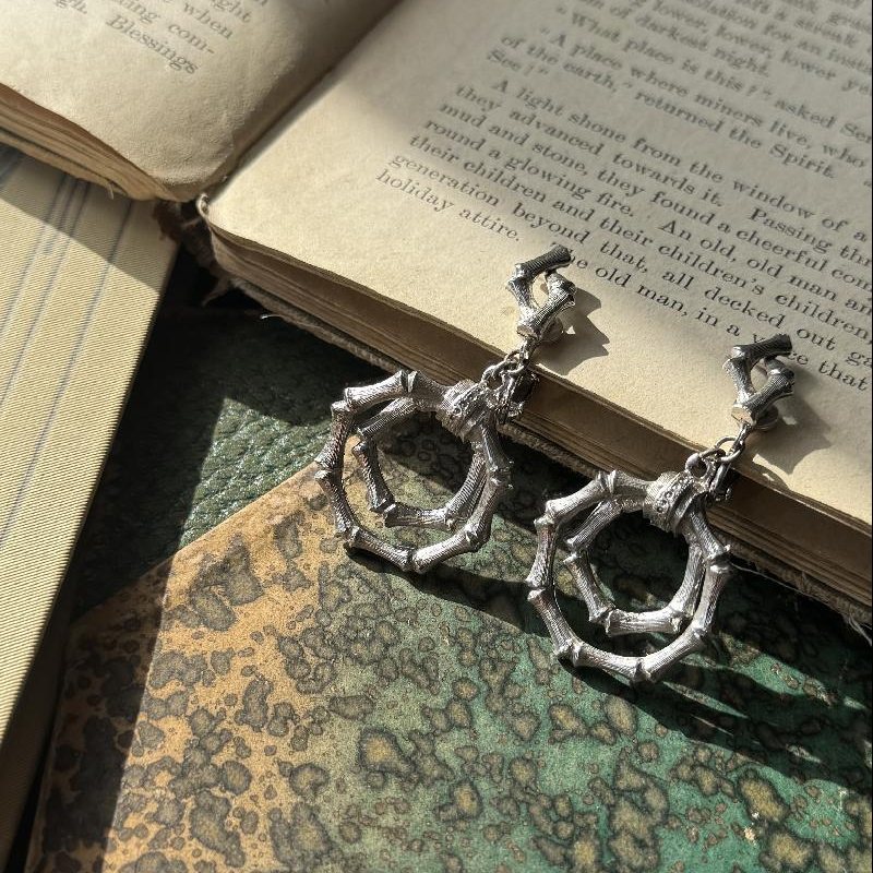Rare! Vintage C.a. 1950-60s Designer Quality Silver Bamboo Loop Dangle Clip Earrings(MT2298-3)