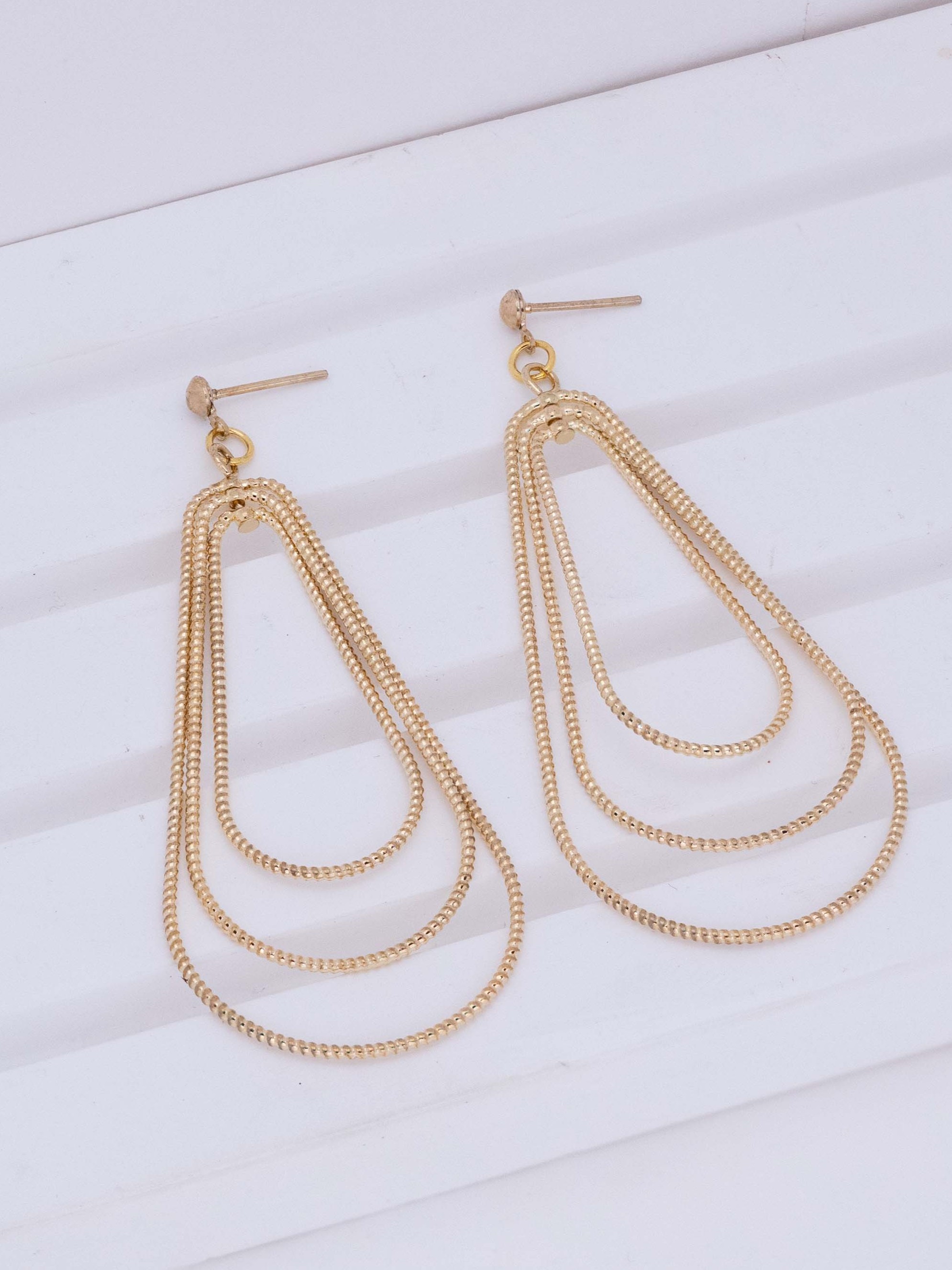 Triple Line Teardrop Drop Stud Earrings