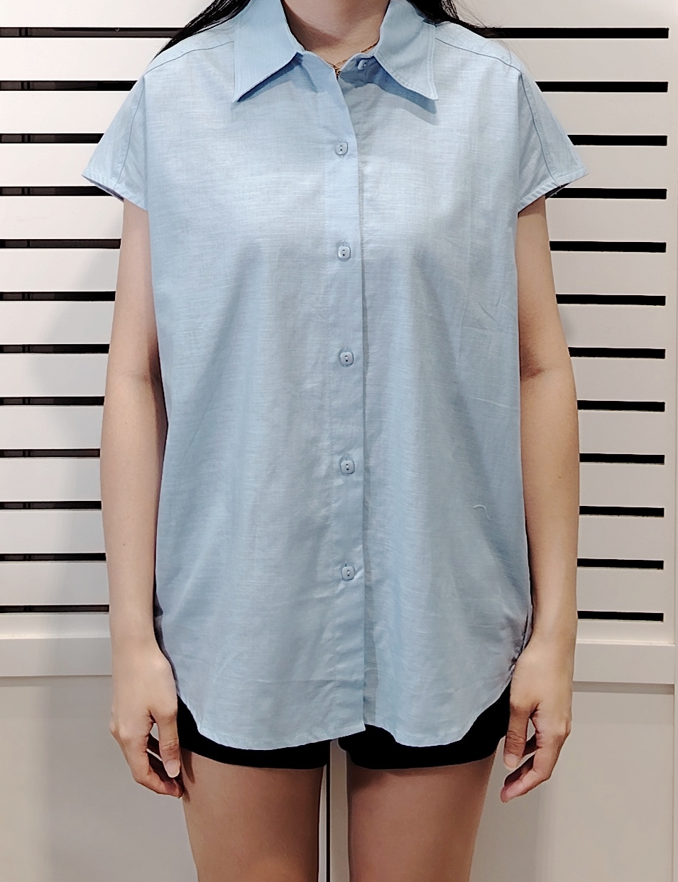 H9302 Cotton Linen Sleeve less Shirt Sleeve Button