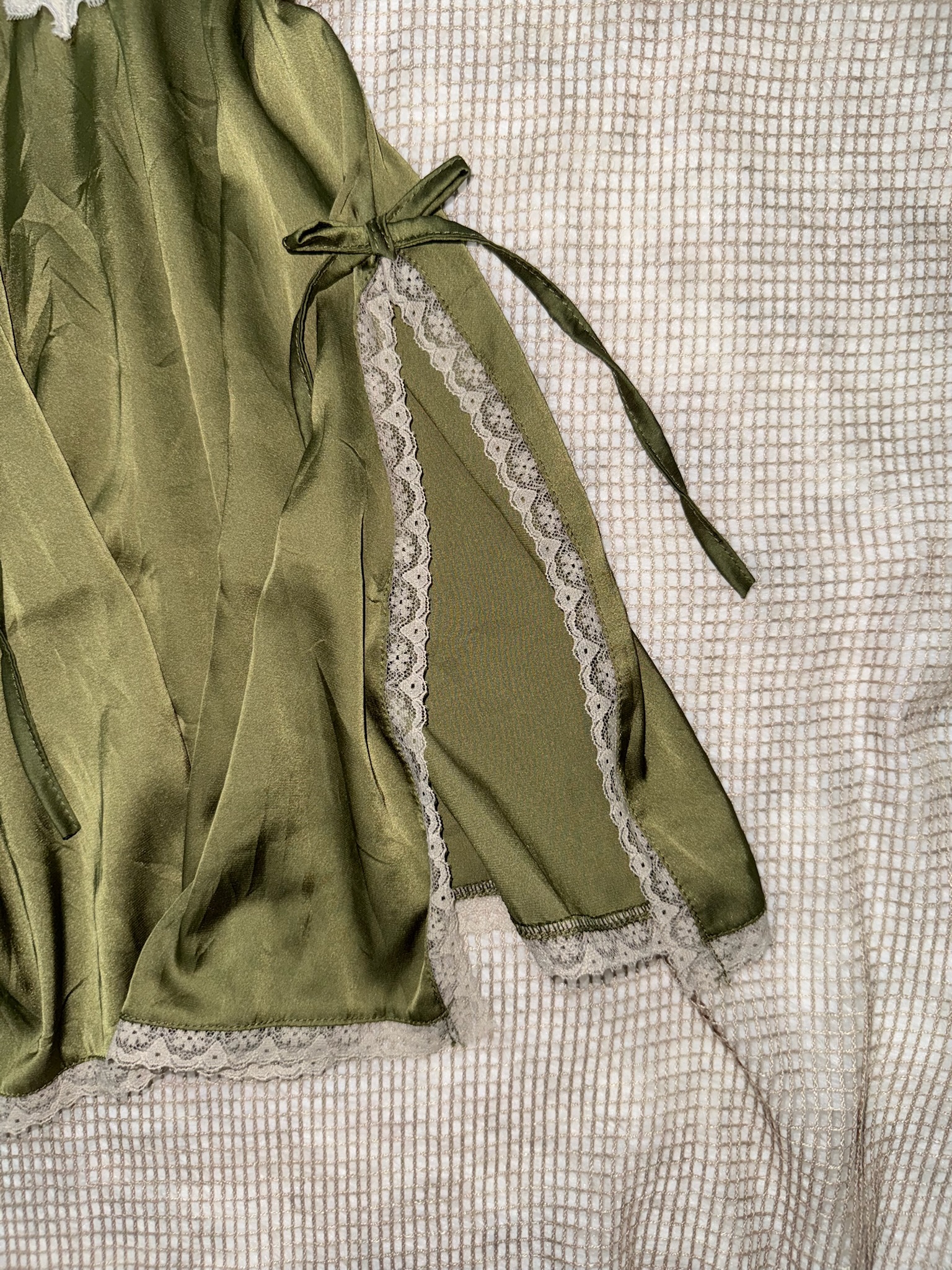 Olive Green Satin Nightie with Floral Lace V-Neck
