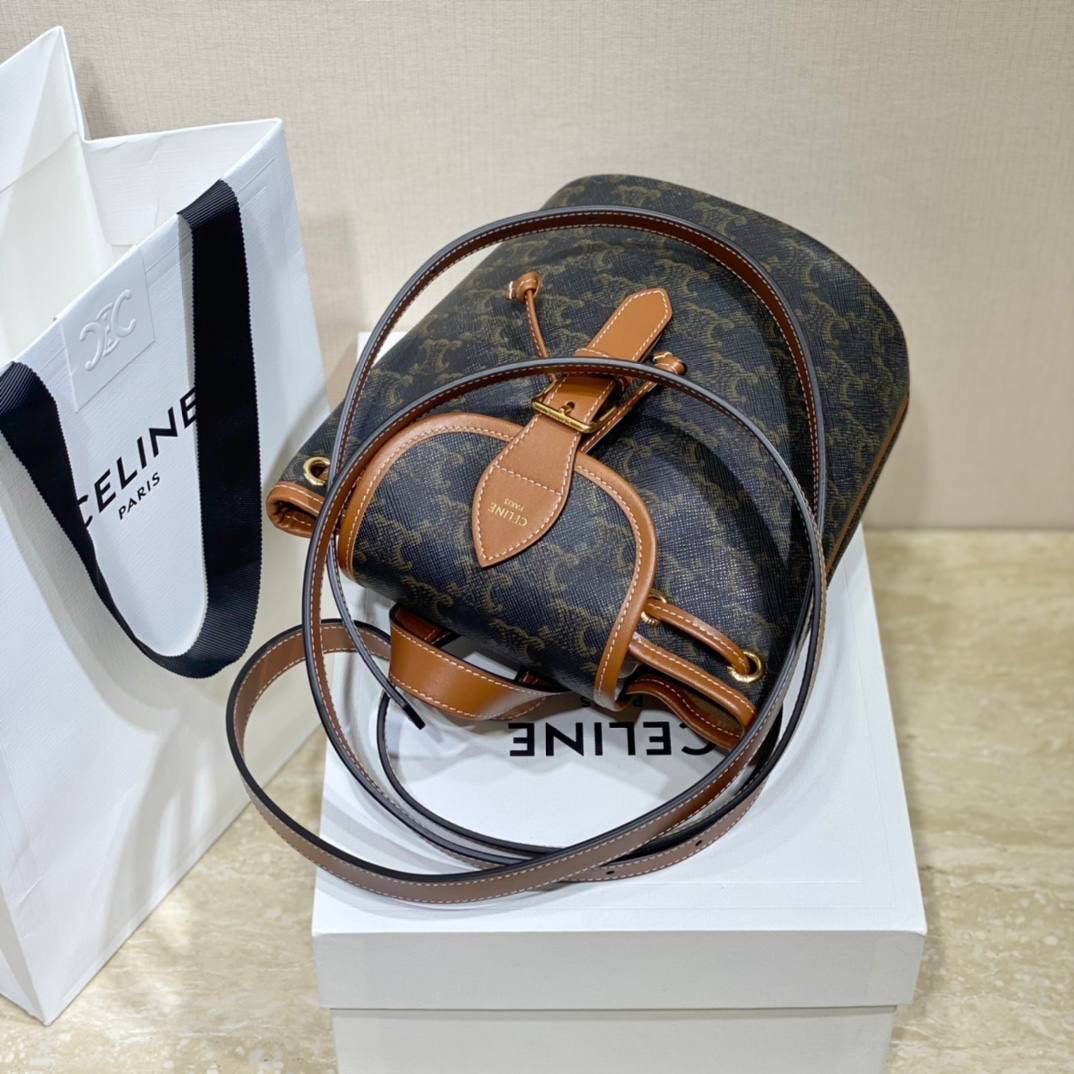 🔥大货实拍图 𝗖𝗘𝗟𝗜𝗡𝗘 ♥𝗧𝗥𝗜𝗢𝗠𝗣𝗛𝗘 𝗖𝗔𝗡𝗩𝗔𝗦 𝗙𝗢𝗟𝗖𝗢 型号：197662 尺寸：17*20*10cm 本命老花mini凯旋门背包🤎复古小巧，实用性设计🔥肩带长度可调节，单肩斜挎都很好看！