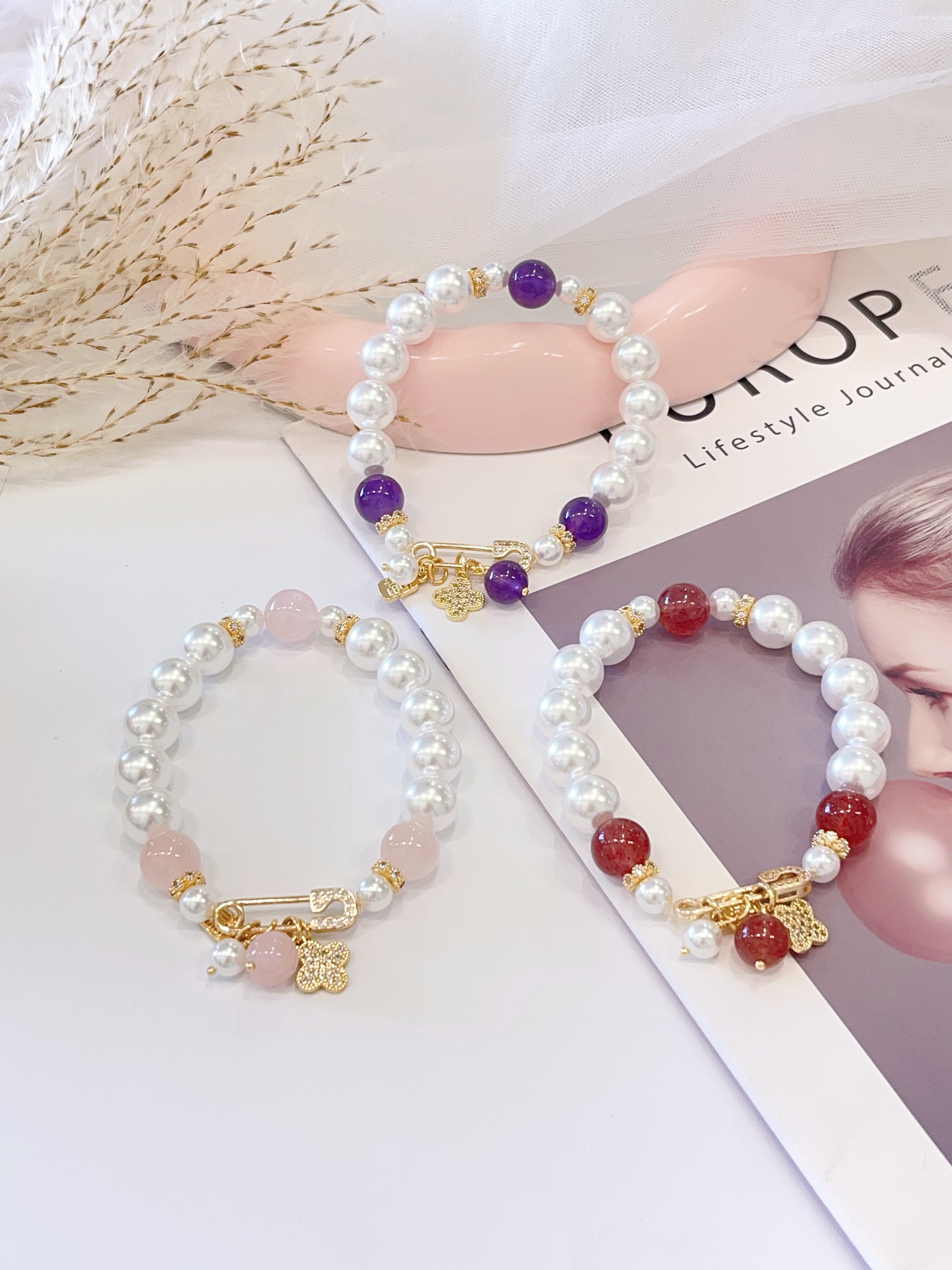 🌸 草莓晶 × 紫水晶 × 粉水晶 × 淡水珍珠手串 Strawberry Quartz, Amethyst, Rose Quartz & Freshwater Pearl | 10mm