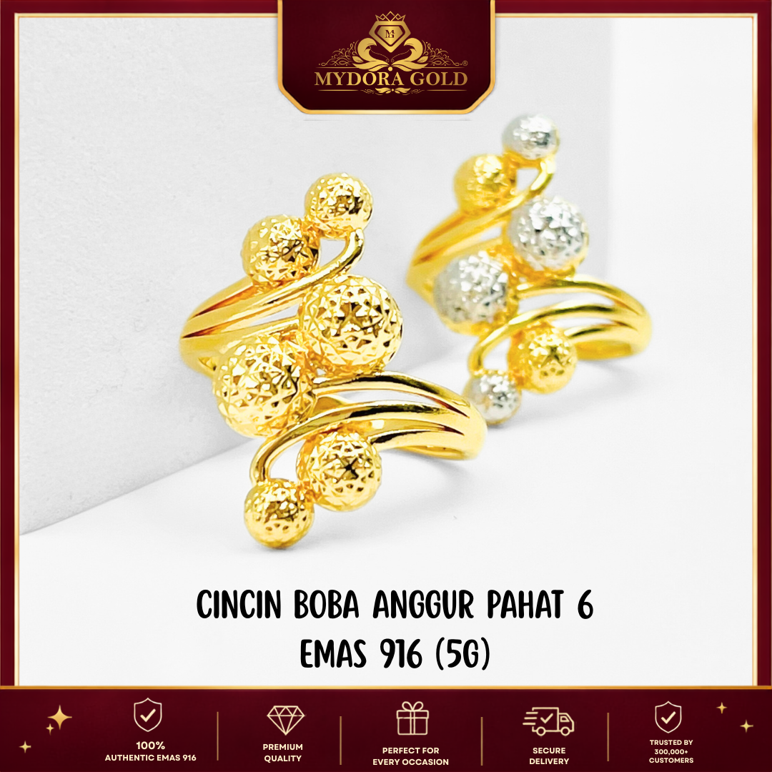 MYDORA Cincin Boba Anggur Pahat 6 (5G) l EMAS 916/22K