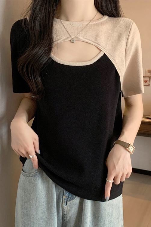B02(882) 韩版气质拼接撞色肩袖前部镂空灰杏针织上衣