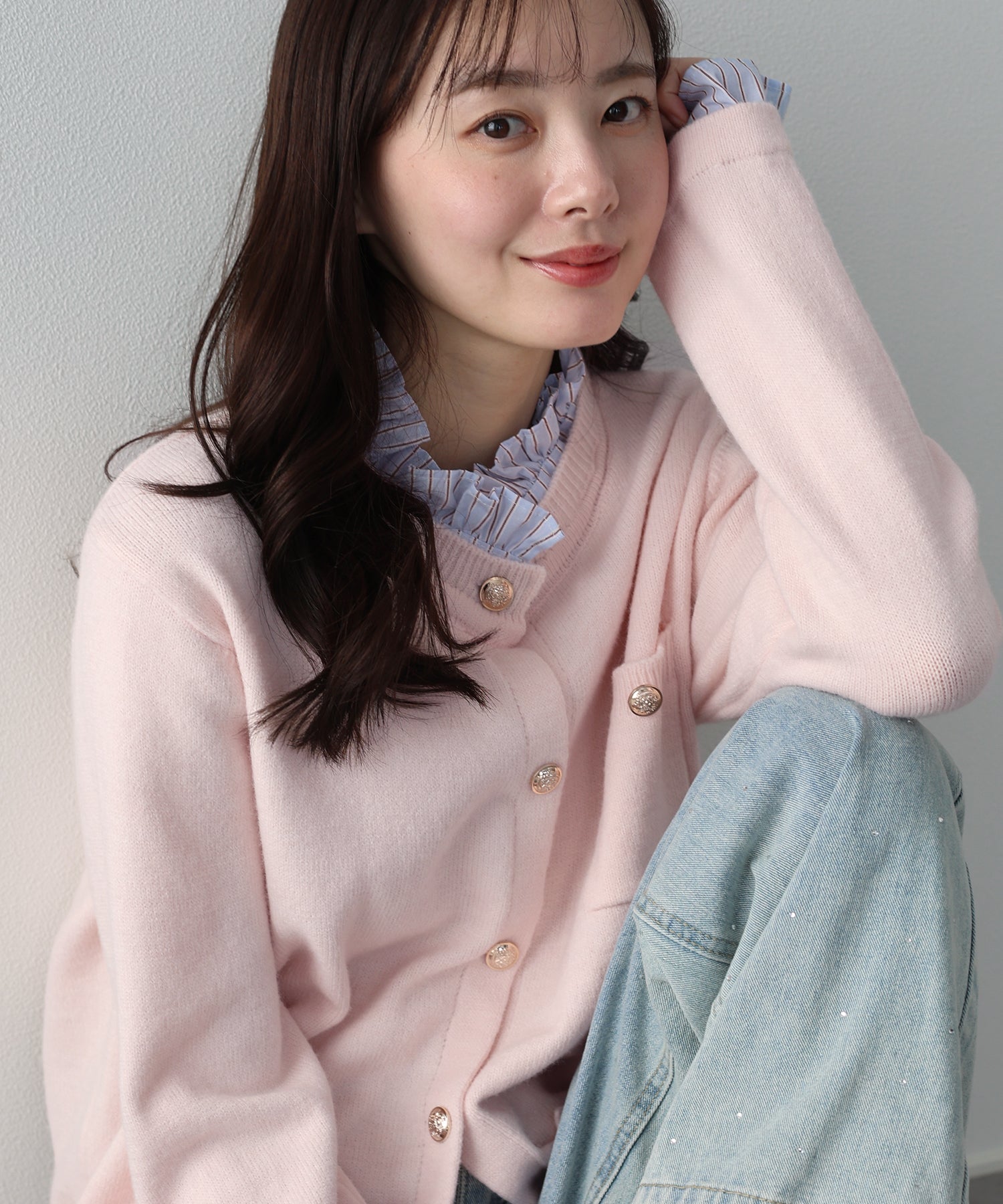 <現貨>新色加入💕<JP> 條紋褶邊shirt 拼金鈕cardigan (假兩件) * 5色入 