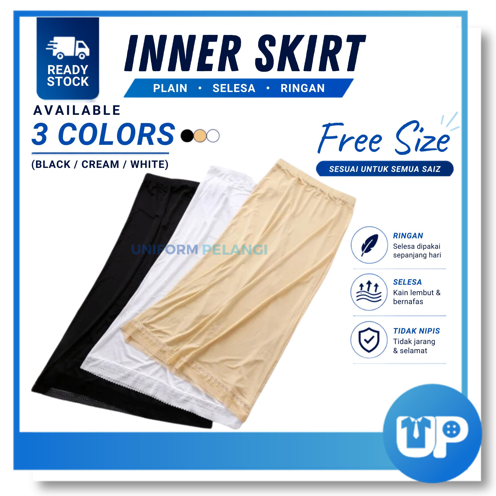 Inner Skirt Muslimah/Kain Dalam Free Size Long Skirt Perempuan