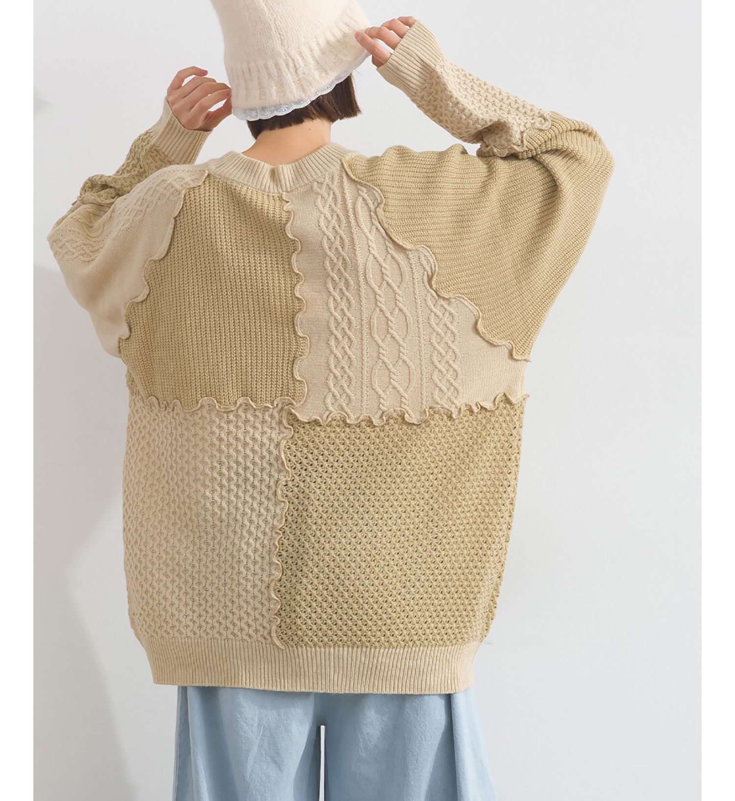 LP - 木耳邊拼貼冷織毛衣 (杏色)