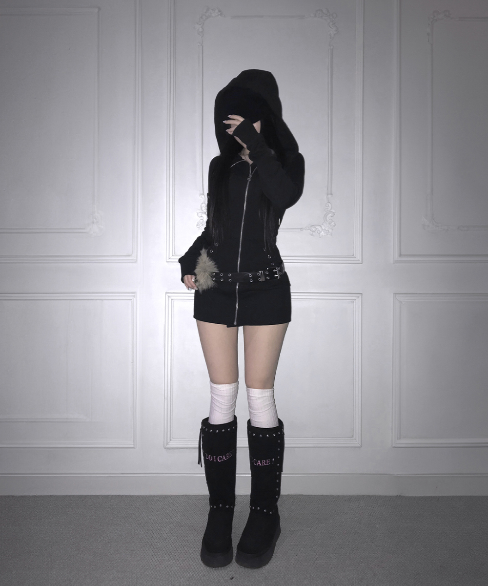 Zip-Up Hooded Eyelet Mini Dress