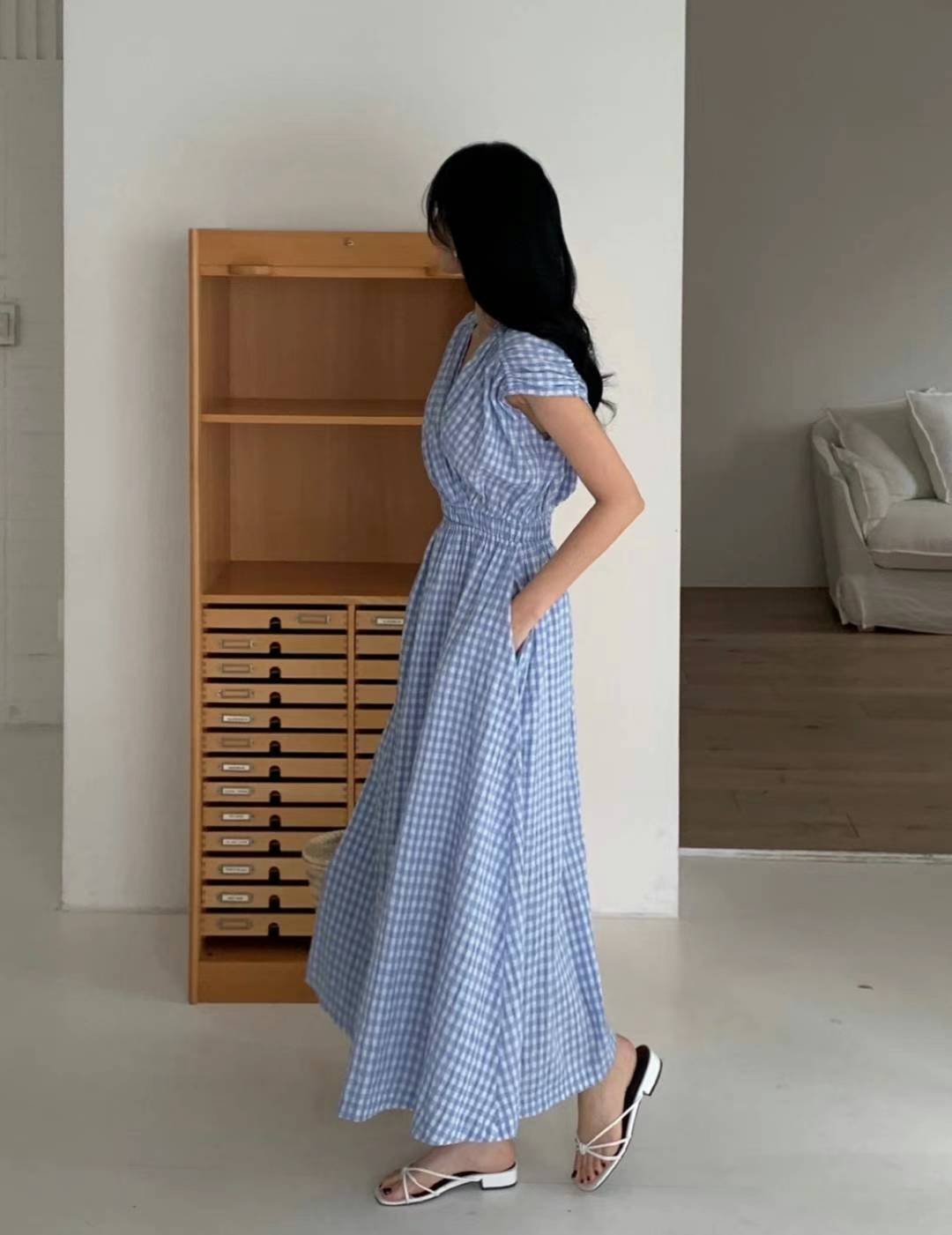 Gingham V-Neck Cap Sleeve Maxi Dress with Fitted Waist ‖ 格纹V领收腰短袖长洋装 KR02121442
